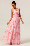 Blush Floral Une ligne à volants Tulle Robe de demoiselle d’honneur longue