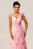 Blush Floral Une ligne à volants Tulle Robe de demoiselle d’honneur longue