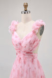 Fard à joues floral imprimé une longue robe de demoiselle d’honneur en tulle ligne avec volants