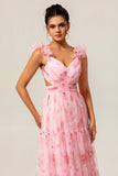Blush Floral Une ligne à volants Tulle Robe de demoiselle d’honneur longue