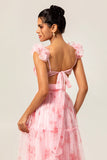 Blush Floral Une ligne à volants Tulle Robe de demoiselle d’honneur longue