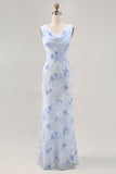 Fleur bleue col col gaine longue robe d’invité de mariage