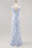 Fleur bleue col col gaine longue robe d’invité de mariage