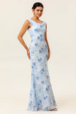 Bleu Floral Gaine Col Col Long Robe d’invité de mariage