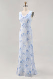 Fleur bleue col col gaine longue robe d’invité de mariage