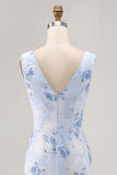 Fleur bleue col col gaine longue robe d’invité de mariage
