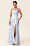 Spaghetti Floral Bleu Bretelles Une Ligne Longue Robe De Demoiselle D’honneur Avec Fente