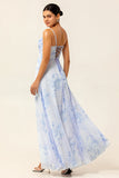 Spaghetti Floral Bleu Bretelles Une Ligne Longue Robe De Demoiselle D’honneur Avec Fente