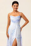 Spaghetti Floral Bleu Bretelles Une Ligne Longue Robe De Demoiselle D’honneur Avec Fente