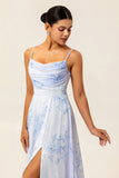 Spaghetti Floral Bleu Bretelles Une Ligne Longue Robe De Demoiselle D’honneur Avec Fente