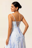 Spaghetti Floral Bleu Bretelles Une Ligne Longue Robe De Demoiselle D’honneur Avec Fente