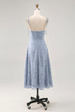 Dusty Blue A Line Midi Spaghetti Straps Robe d’invité de mariage avec fente
