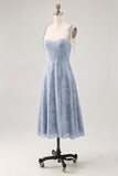 Dusty Blue A Line Midi Spaghetti Straps Robe d’invité de mariage avec fente
