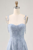 Dusty Blue A Line Midi Spaghetti Straps Robe d’invité de mariage avec fente