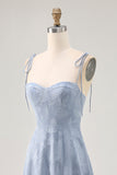 Dusty Blue A Line Midi Spaghetti Straps Robe d’invité de mariage avec fente