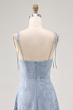 Dusty Blue A Line Midi Spaghetti Straps Robe d’invité de mariage avec fente