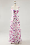 Floral violet A ligne spaghetti bretelles Robe d’invitée de mariage imprimée