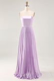 Robe de demoiselle d’honneur longue sans bretelles plissée lilas