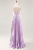 Robe de demoiselle d’honneur longue sans bretelles plissée lilas