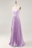Robe de demoiselle d’honneur longue sans bretelles plissée lilas