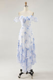 Robe d’invitée de mariée à volants imprimée florale bleue
