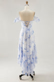Robe d’invitée de mariée à volants imprimée florale bleue