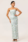 Robe de demoiselle d’honneur sans bretelles imprimée florale blanche et bleue