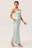 Robe de demoiselle d’honneur sans bretelles imprimée florale blanche et bleue