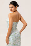 Robe de demoiselle d’honneur sans bretelles imprimée florale blanche et bleue