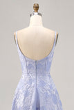 Robe de bal longue corset en brocart bleu A-ligne avec fente