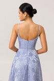 Bleu A Ligne Spaghetti Bretelles Brocart Corset Robe De Soirée Avec Fente