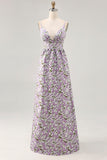 Fleur Violette Une Ligne Imprimé Spaghetti Bretelles Robe D’invitée De Mariage
