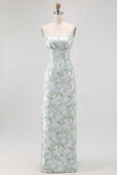 Robe de demoiselle d’honneur longue florale florale pastel bleu à bretelles spaghetti satin avec poches