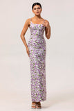 Fourreau floral violet imprimé spaghetti bretelles longue robe de demoiselle d’honneur