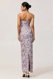 Fourreau floral violet imprimé spaghetti bretelles longue robe de demoiselle d’honneur