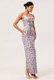 Fourreau floral violet imprimé spaghetti bretelles longue robe de demoiselle d’honneur