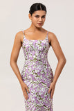 Fourreau floral violet imprimé spaghetti bretelles longue robe de demoiselle d’honneur