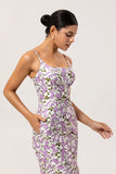Fourreau floral violet imprimé spaghetti bretelles longue robe de demoiselle d’honneur