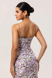 Fourreau floral violet imprimé spaghetti bretelles longue robe de demoiselle d’honneur