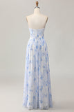 Robe d’invitée de mariage imprimée trapèze sans bretelles fleur bleue avec fente