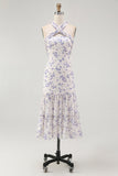 Bleu Floral Licou Une Ligne À Volants Midi Robe de demoiselle d’honneur