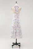 Bleu Floral Licou Une Ligne À Volants Midi Robe de demoiselle d’honneur