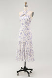 Bleu Floral Licou Une Ligne À Volants Midi Robe de demoiselle d’honneur
