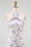 Bleu Floral Licou Une Ligne À Volants Midi Robe de demoiselle d’honneur