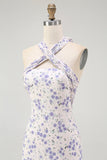 Bleu Floral Licou Une Ligne À Volants Midi Robe de demoiselle d’honneur