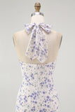 Bleu Floral Licou Une Ligne À Volants Midi Robe de demoiselle d’honneur