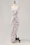 Robe de demoiselle d’honneur à volants sans bretelles à fleurs bleues