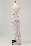 Robe de demoiselle d’honneur à volants sans bretelles à fleurs bleues