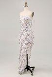 Robe de demoiselle d’honneur à volants sans bretelles à fleurs bleues