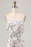 Robe de demoiselle d’honneur à volants sans bretelles à fleurs bleues